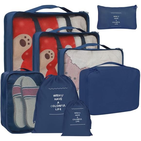 8 Set Packing Cubes Suitcases Blue Travel Luggage Packing Organizers Laundry Bag - Picture 1 of 6
